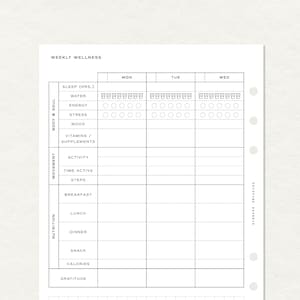 May include: A white weekly wellness planner insert with black text and grid lines. The layout includes sections for body and soul, movement, nutrition, and gratitude, with columns for Monday, Tuesday, and Wednesday. Pristine Paperie is printed on the side.