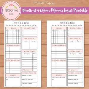 PERSONAL Month at a Glance Monthly Planner Insert Printable Fits Kikki ...