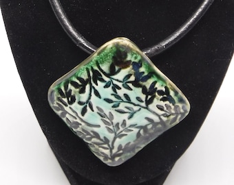 blue, green leaf pattern square porcelain, handmade pendant