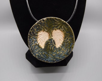 rustic wings on leaf pattern, unique, ooak handmade porcelain pendant