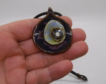 Purple blue pendant with crystal, one of a kind porcelain necklace, artistic, statement piece.