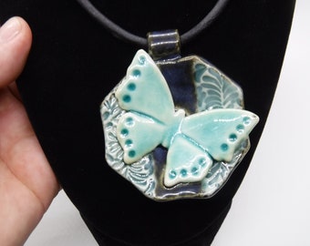 Blue butterfly on dark blue and leaf patterned pendent, handmade unique necklace