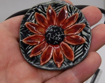 red flower on deep blue leaf circle pendent, unique porcelain necklace