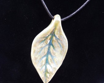 Pendent, necklace, porcelain green leaf, handmade ooak leather cord and copper hook, artistic, statement piece.