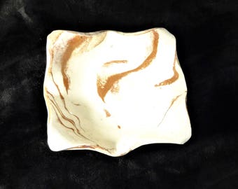 shallow white and red swirl bowl, handmade ceramic ooak dish