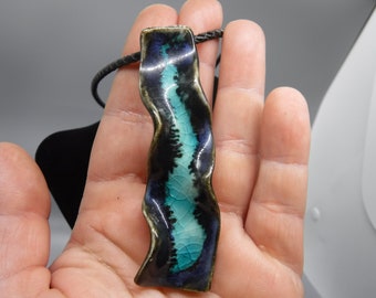 blue and green crackle wavy porcelain pendant handmade and unique