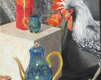 Tea time with Fabio- ooak chicken oil painting original, wall art