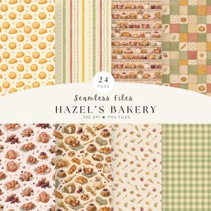 Puede incluir: Una colección de 24 patrones digitales sin costuras con temas de panadería que incluyen pasteles, panes, bollería, frascos y utensilios de cocina. Los diseños incorporan motivos de cuadros, rayas y parches en tonos crema, verde y rojo.