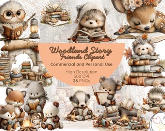 May include: Watercolor clipart featuring woodland animals reading books. The image includes an owl, deer, hedgehog, fox, bear, and badger. The text "Woodland Story Friends Clipart" is displayed. The clipart is for commercial and personal use.