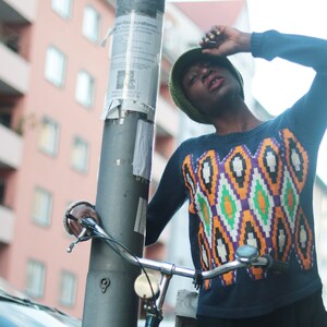 Upcycled Blue Knit Sweater with Ankara Fabric Size S XS M For Winter image 2