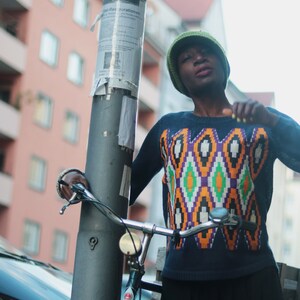 Upcycled Blue Knit Sweater with Ankara Fabric Size S XS M For Winter image 4