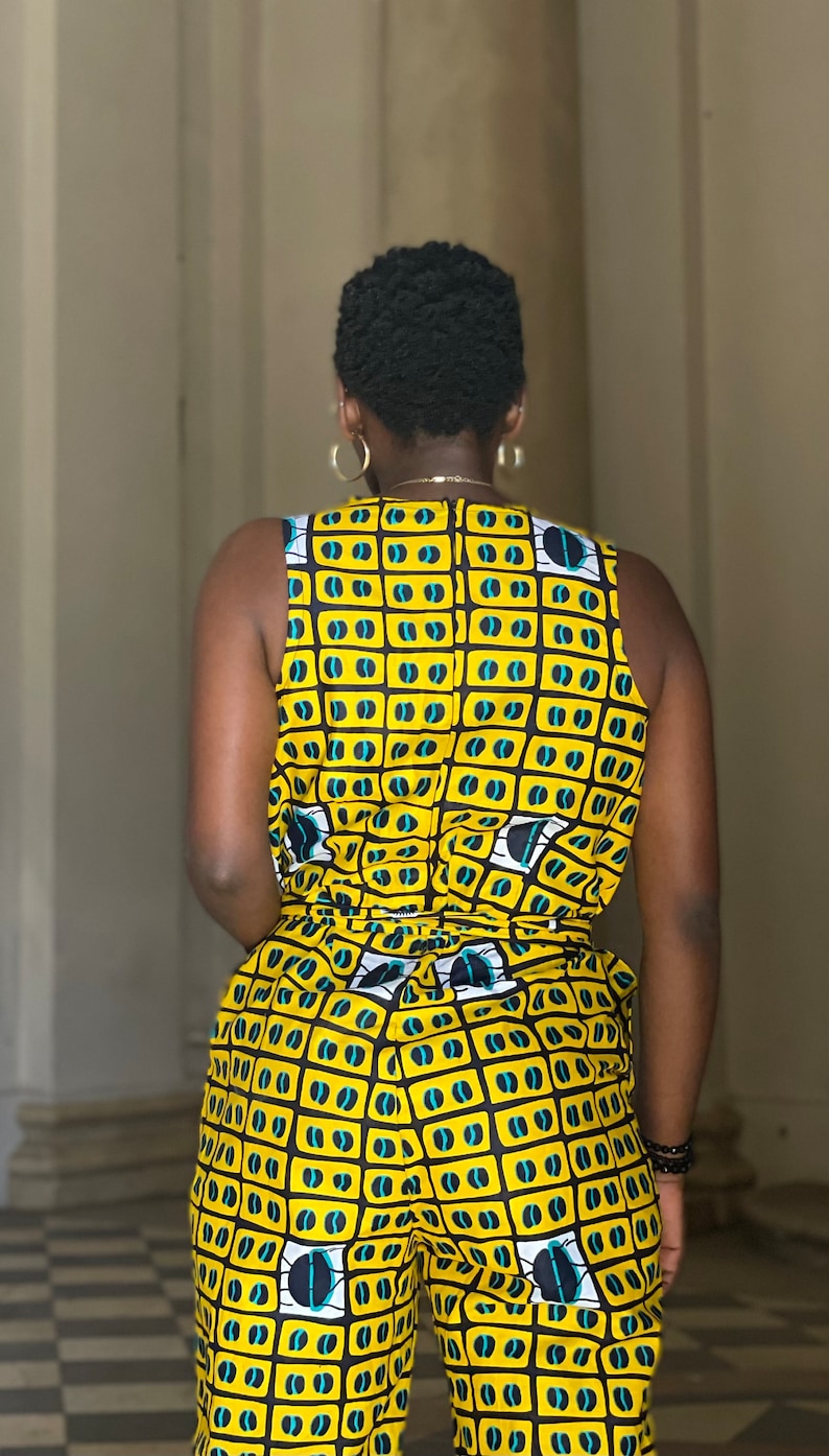 African Fabric Sleeveless Yellow Jumpsuit with Coffee Beans image 6