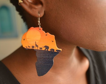 African Map Earrings: Map of Africa Dangling Earrings ft Wildlife and Strength of a Woman| African Earrings| African Map