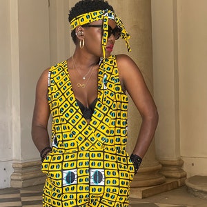 African Fabric Sleeveless Yellow Jumpsuit with Coffee Beans image 10