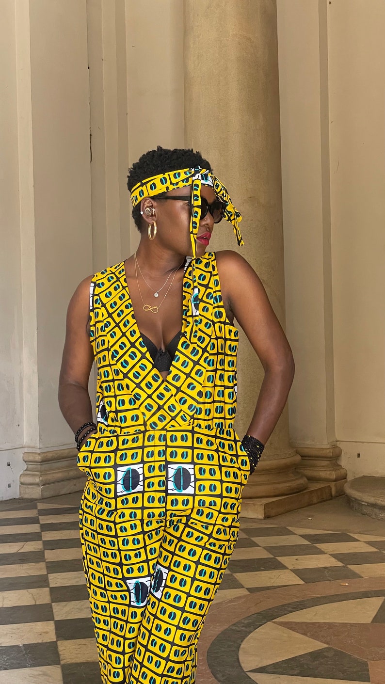 African Fabric Sleeveless Yellow Jumpsuit with Coffee Beans image 10