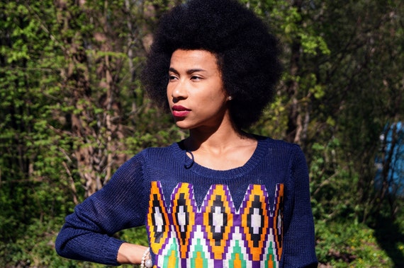 Upcycled Blue Knit Sweater  with Ankara Fabric Size S XS M For Winter