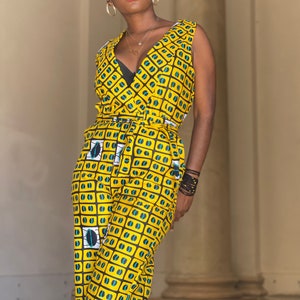 African Fabric Sleeveless Yellow Jumpsuit with Coffee Beans image 5