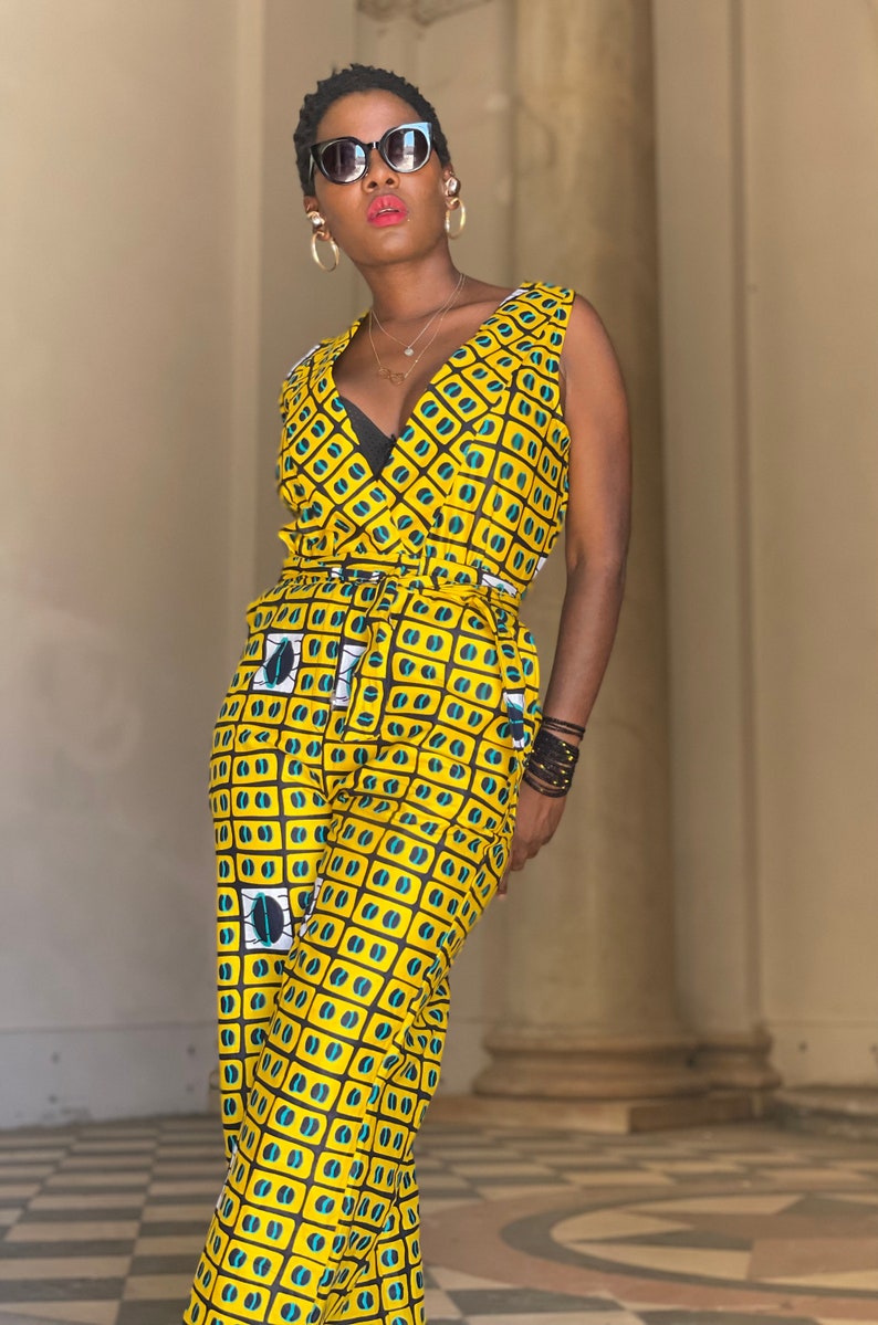 African Fabric Sleeveless Yellow Jumpsuit with Coffee Beans image 5