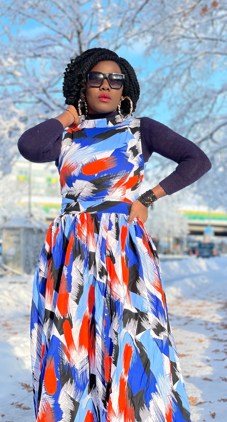 Paint Brush Print Handmade African Fabric Maxi Dress Ice Blue Size XS-XL image 6