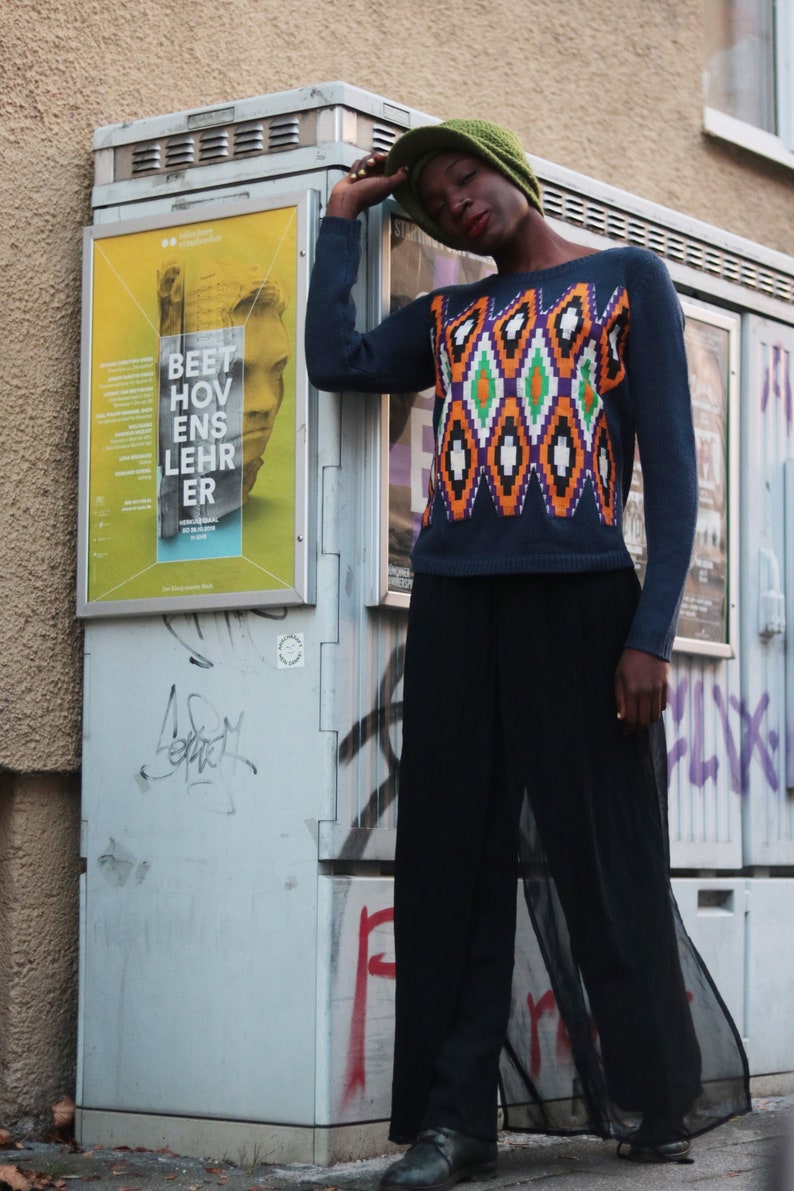 Upcycled Blue Knit Sweater with Ankara Fabric Size S XS M For Winter image 3