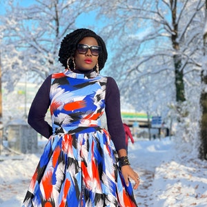 Paint Brush Print Handmade African Fabric Maxi Dress Ice Blue Size XS-XL image 4