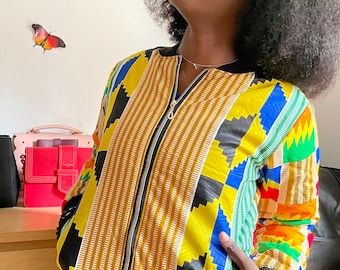Waxed Tribal African Fabric Bomber Jacket Lined With Fibre|| Kente: size XS to L