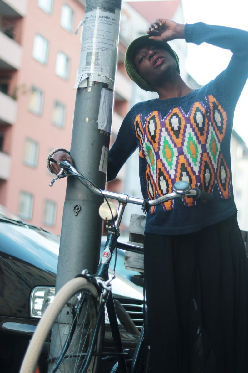 Upcycled Blue Knit Sweater with Ankara Fabric Size S XS M For Winter image 2