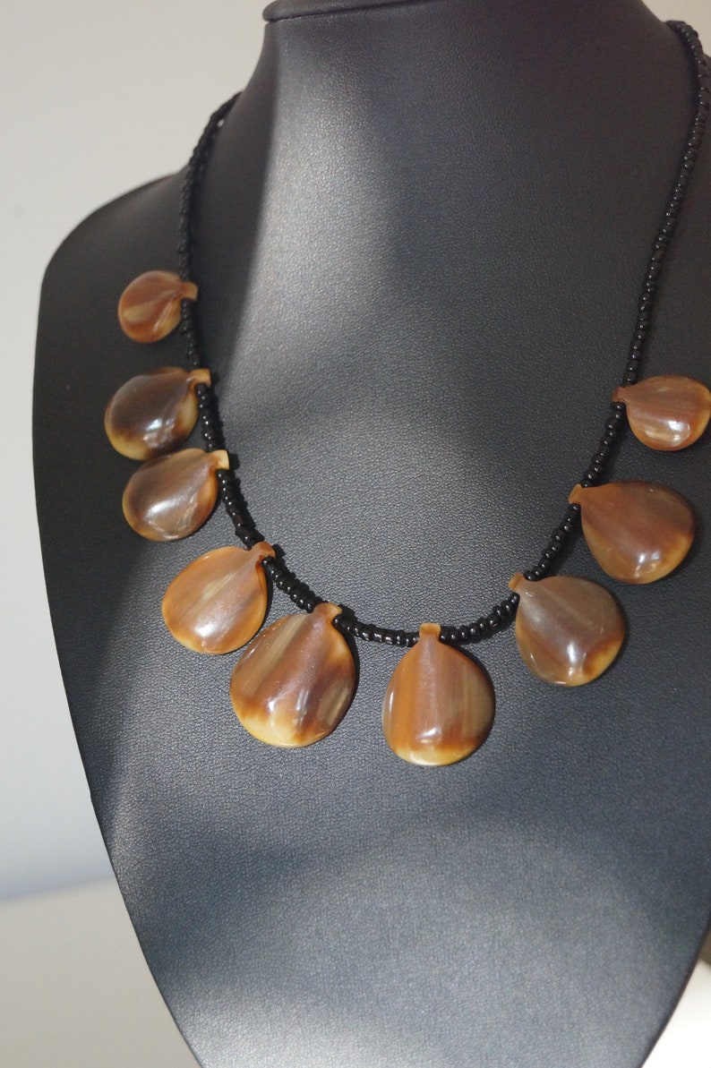 Handmade Cowhorn Beaded Collar/Crew Necklace with multiple pendants from Cowhorn Lighter Brown