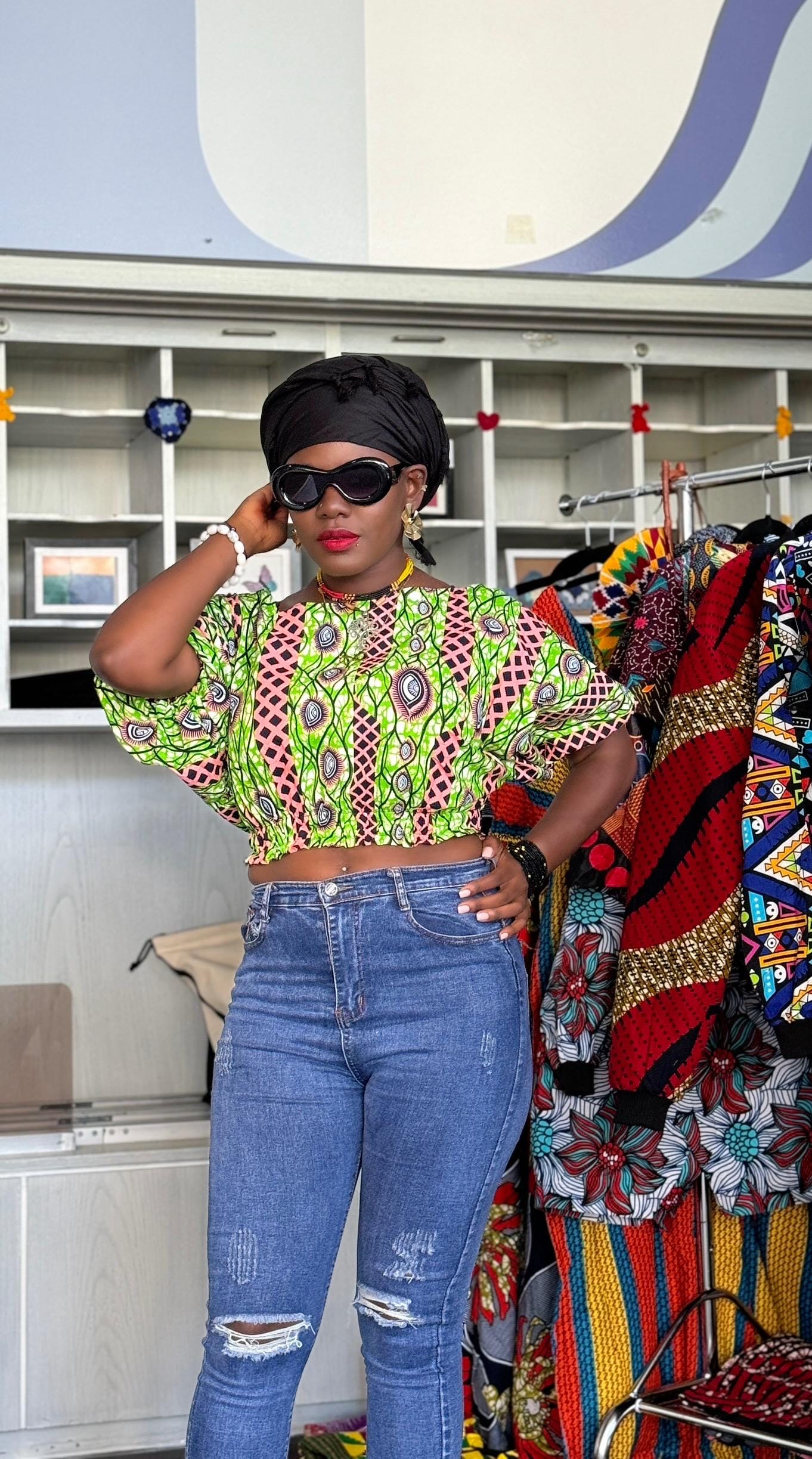 Handmade Ankara Crop Top | Green & Pink Print, Puffy Sleeves - Etsy