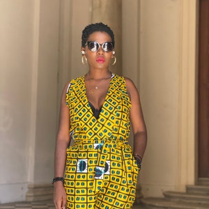 African Fabric Sleeveless Yellow Jumpsuit with Coffee Beans image 7