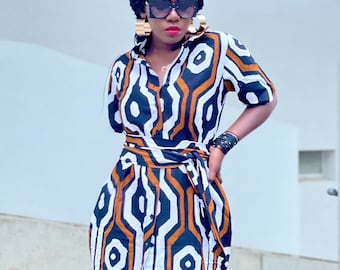 Robe chemise à manches midi en tissu africain Tailles XS S M L