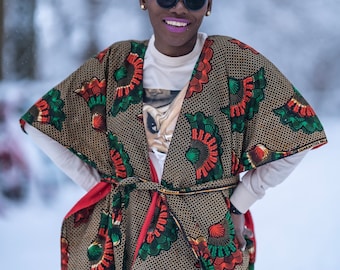 Handmade Cape Poncho with Statement Bold  African Fabric and Warm Red Lining