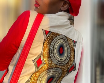 Up cycled Beige Khaki Vest|| Brown Denim Jacket Designed and embellished with  a circular African fabric. Denim|| Jacket||Safari|| Vest XS-L