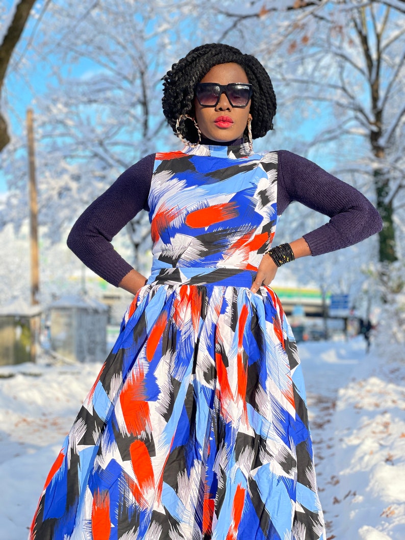 Paint Brush Print Handmade African Fabric Maxi Dress Ice Blue Size XS-XL image 7