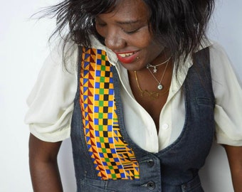 Upcycled Denim Jeans Jacket Vest Patchwork Embellished with Kente African Fabric