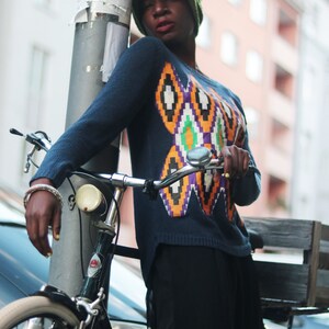 Upcycled Blue Knit Sweater with Ankara Fabric Size S XS M For Winter image 6
