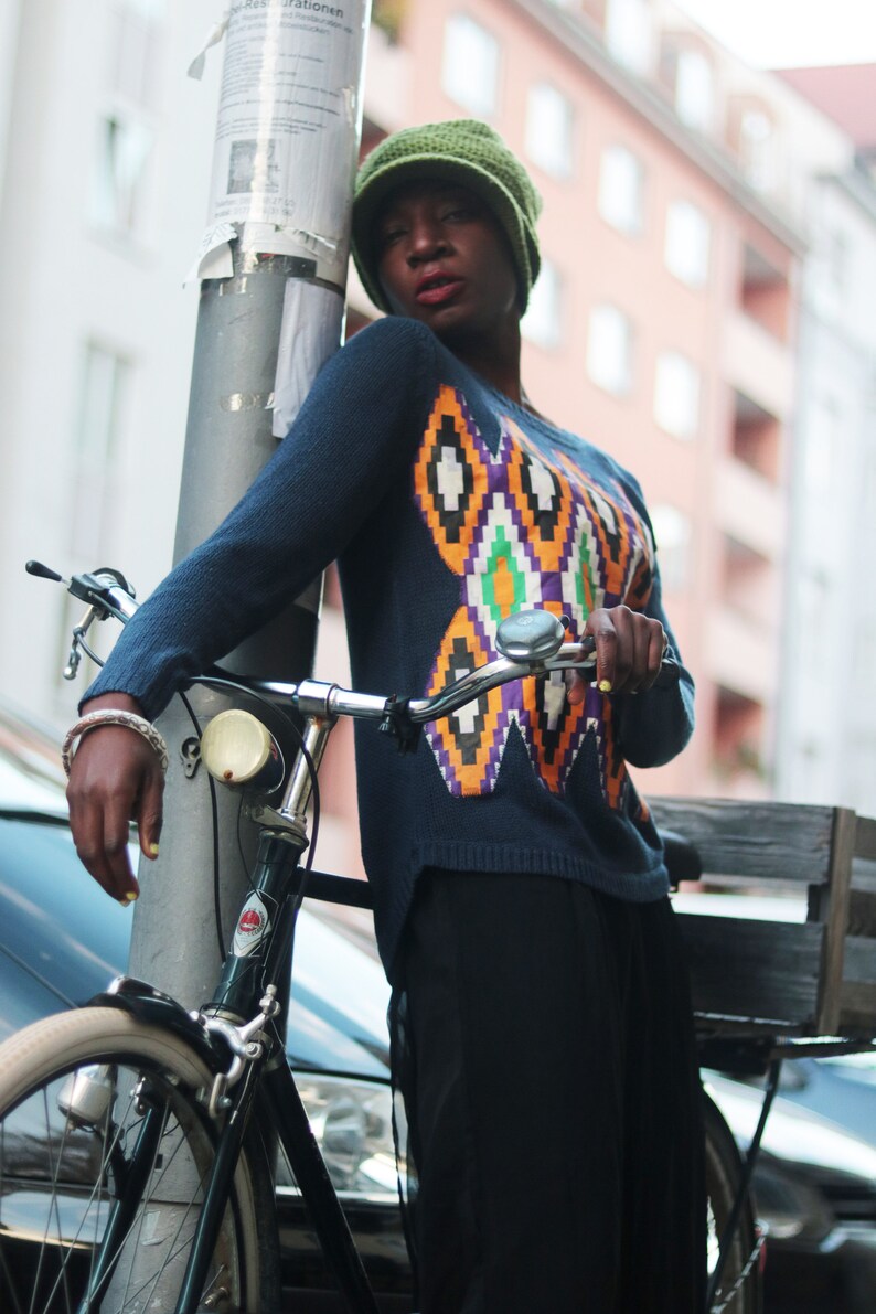 Upcycled Blue Knit Sweater with Ankara Fabric Size S XS M For Winter image 6