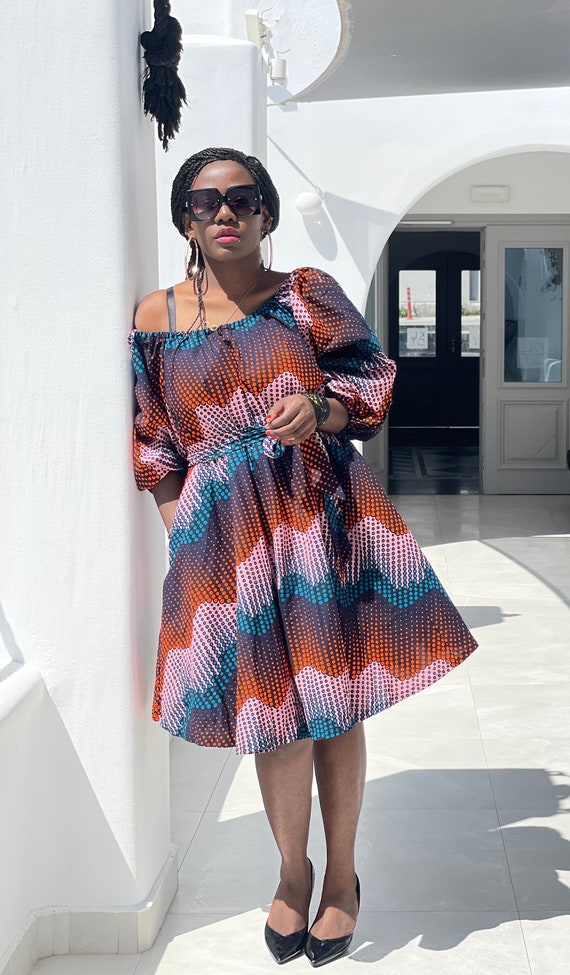 Handmade African Print Midi Dress, On/Off Shoulder, Multi-Size