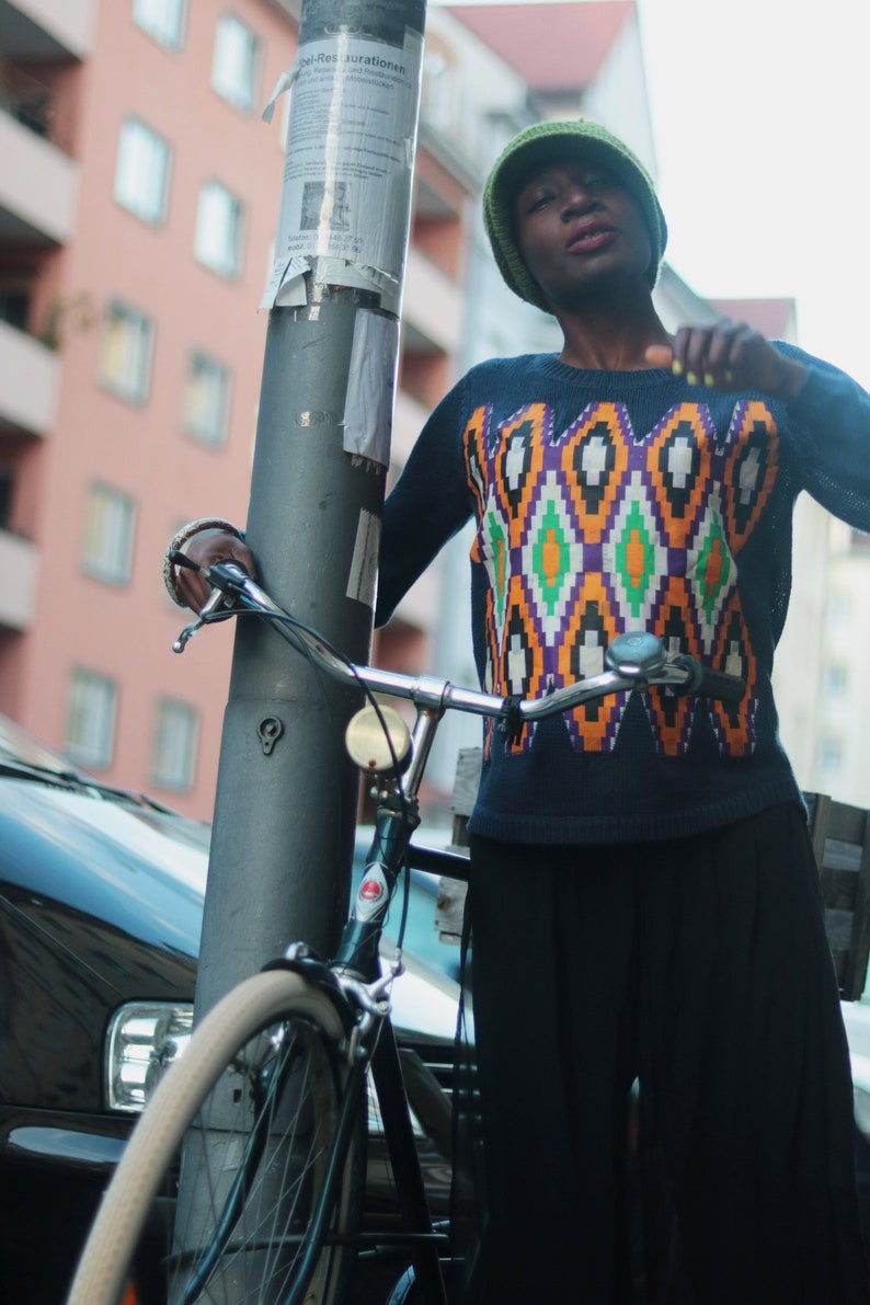 Upcycled Blue Knit Sweater with Ankara Fabric Size S XS M For Winter image 4