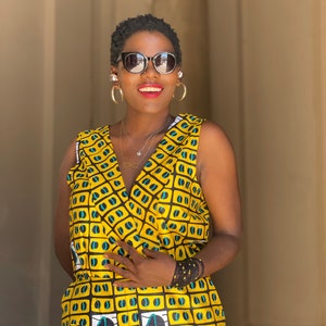African Fabric Sleeveless Yellow Jumpsuit with Coffee Beans image 3