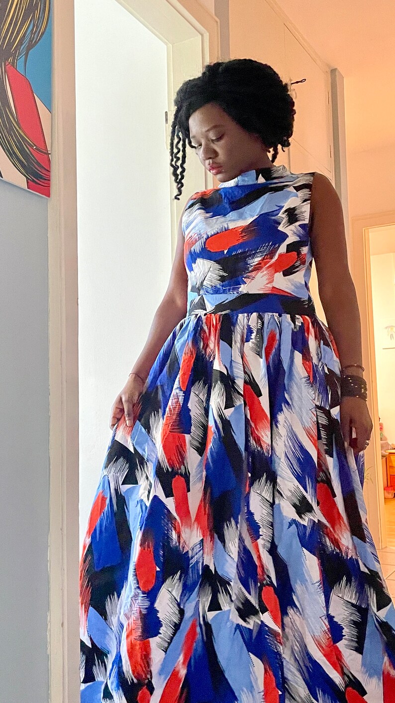 Paint Brush Print Handmade African Fabric Maxi Dress Ice Blue Size XS-XL image 8