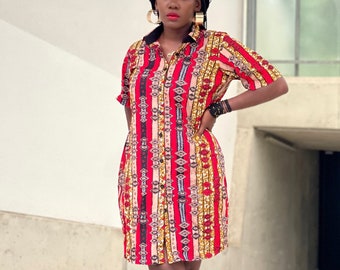 African Fabric short sleeved shirt dress sizes xs S M L