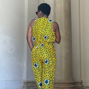 African Fabric Sleeveless Yellow Jumpsuit with Coffee Beans image 4