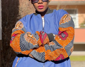 Unisex African Fabric Bomber Jacket Handmade 100% Cotton| Denim