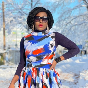 Paint Brush Print Handmade African Fabric Maxi Dress Ice Blue Size XS-XL image 1