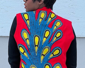 Up cycled Sleeveless Red Denim Jeans Jacket Vest Embellished with African Print Teardrops fabric