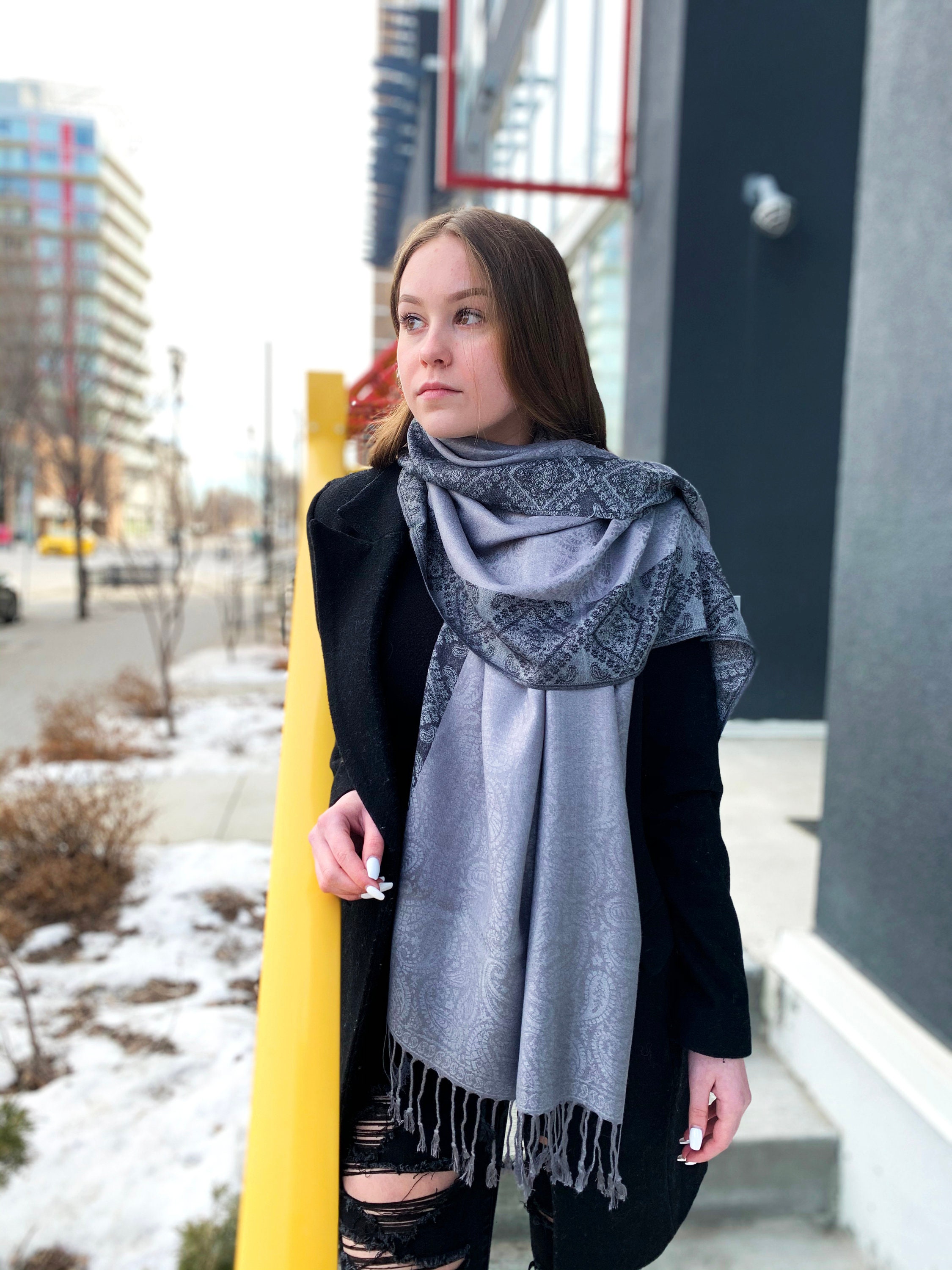 Double Sided Wool Silk Scarf in Burgundy, Blue, Mauve & Gold Yellow Paisley  with Geometric Pattern