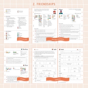 May include: A printable guide for the video game Stardew Valley, featuring a chart of villager friendships, heart events, and schedules. The guide includes information on how to increase friendship levels with villagers, including Leah, Shane, and Caroline.