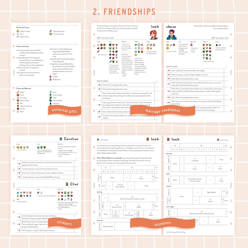 May include: A printable guide for the video game Stardew Valley, featuring a chart of villager friendships, heart events, and schedules. The guide includes information on how to increase friendship levels with villagers, including Leah, Shane, and Caroline.