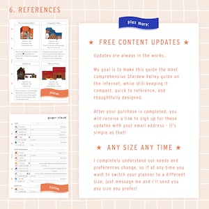 May include: A digital planner guide for the Stardew Valley video game. The guide includes a list of places, a fishing chart, and a section on the Ginger Island expansion. The text on the page says "Free Content Updates" and "Any Size Any Time".